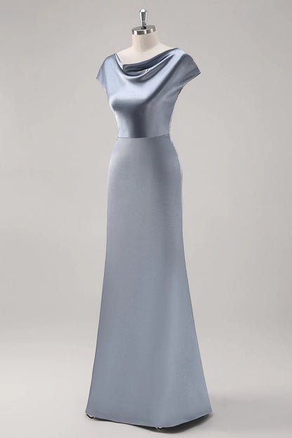 Grey blue satin long bridesmaid dress