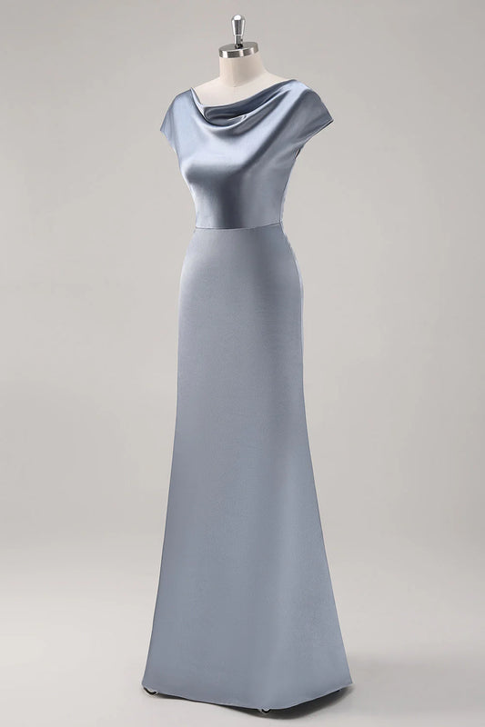 Grey blue satin long bridesmaid dress