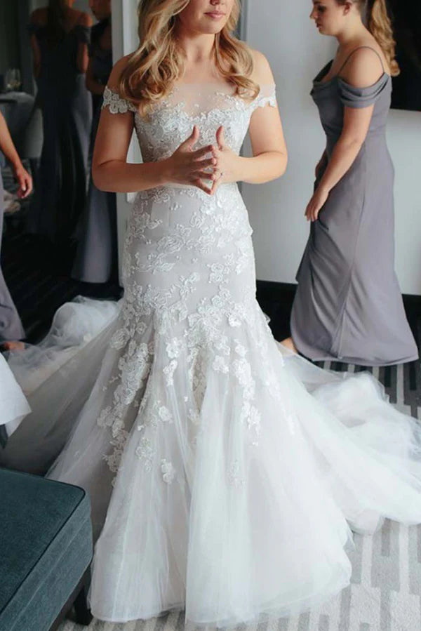 Romantic one shoulder applique mermaid lace applique wedding dress