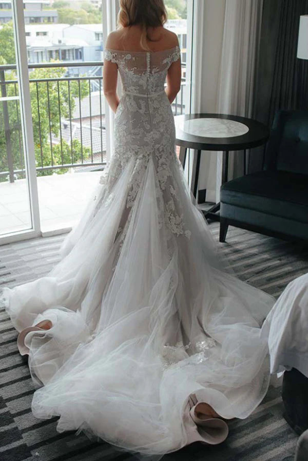 Romantic one shoulder applique mermaid lace applique wedding dress