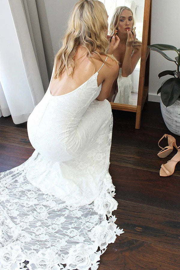 Mermaid thin suspender backless lace wedding dress
