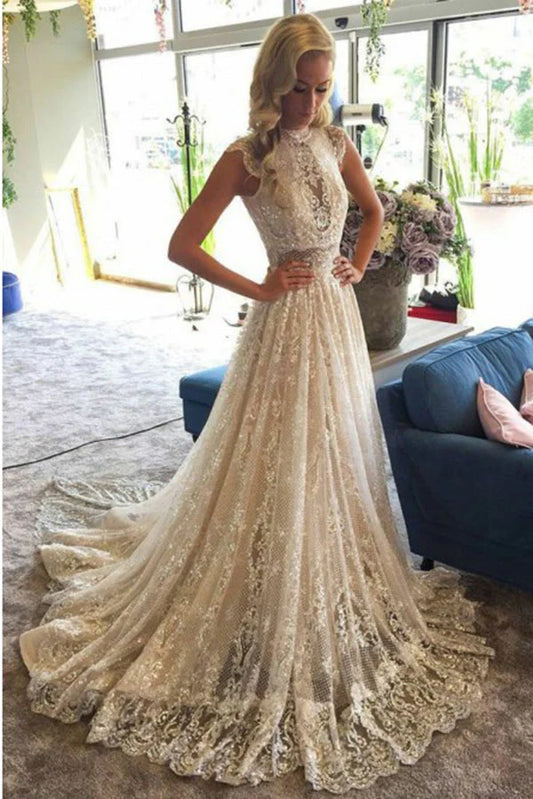 Decal high neck lace wedding dress with sequins