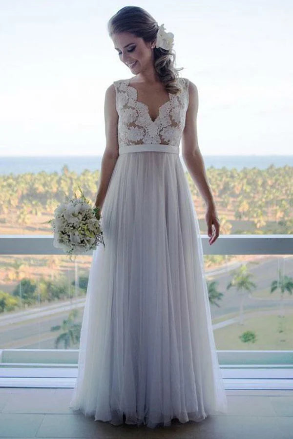 Elegant V-neck A-line lace wedding dress