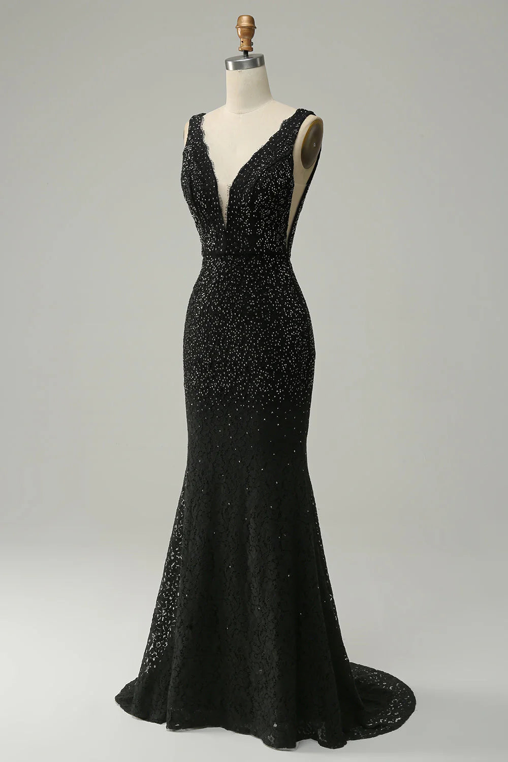 Black Mermaid Deep V Neck Lace Long Party Dress with Beading