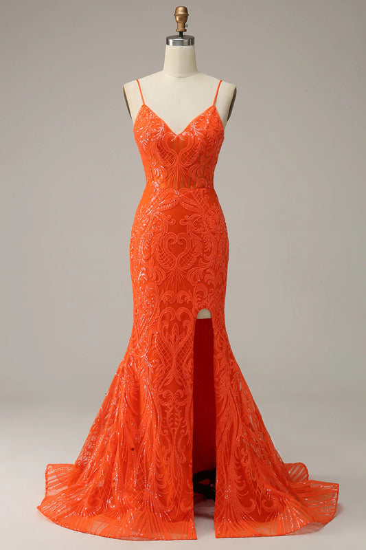Orange mermaid slim suspender long front slit ball dress