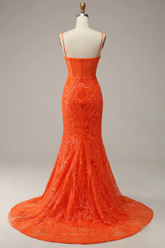 Orange mermaid slim suspender long front slit ball dress