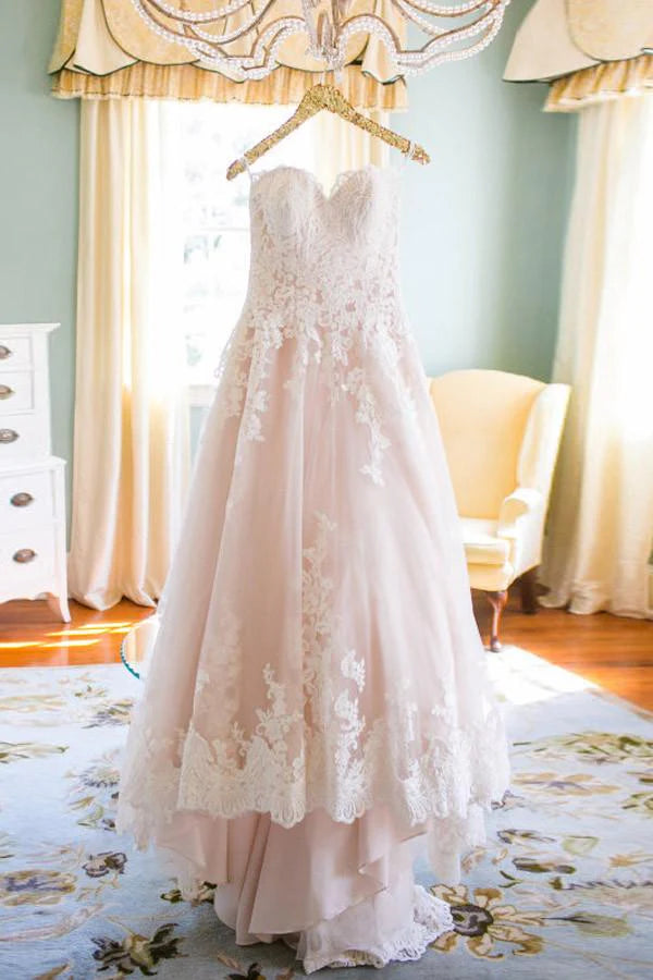 Pink A-line sweetheart sleeveless mid back long wedding dress