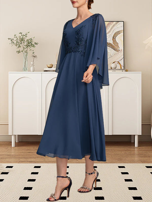 A-line V-Neck Tea-Length Chiffon Lace Mother of the Bride Dress With Beading Sequins