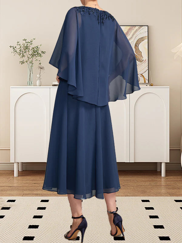 A-line V-Neck Tea-Length Chiffon Lace Mother of the Bride Dress With Beading Sequins