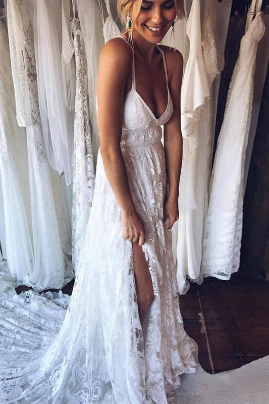 Lace A-line thin suspender, backless, side sewn beach wedding dress