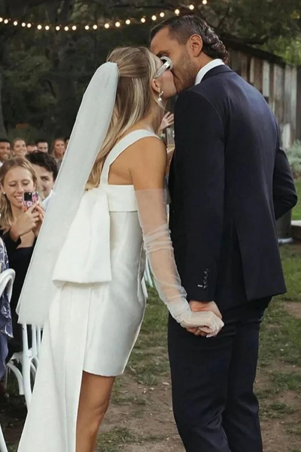 Cute A Line Square Neck White Satin Short Bridal Dress with Bowknot