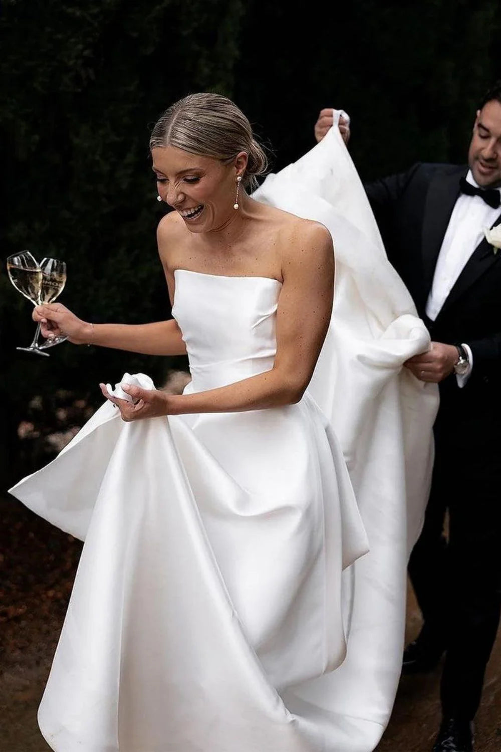 Simple A Line Strapless White Long Bridal Dress with Train