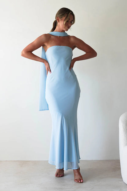 Light blue chiffon strapless long skirt