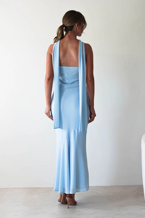 Light blue chiffon strapless long skirt