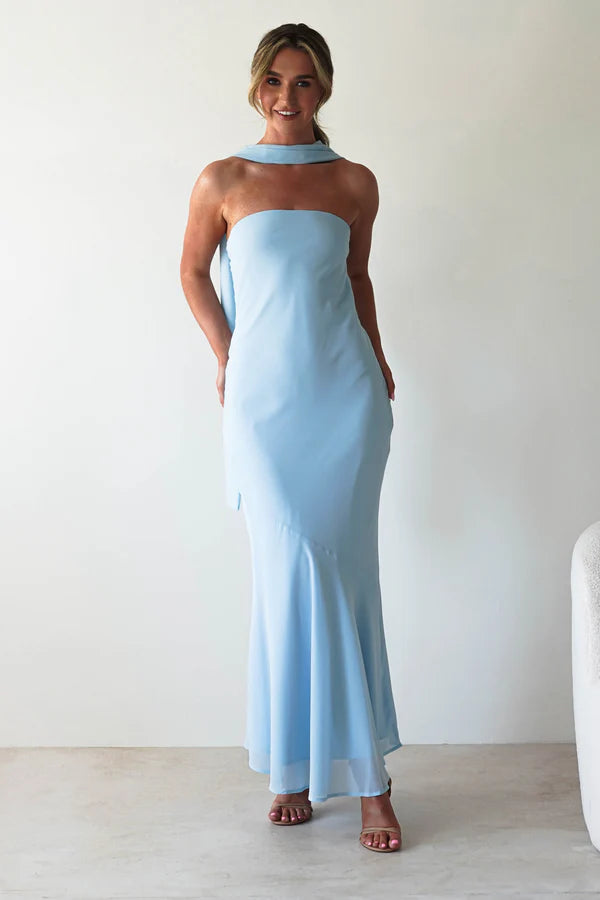Light blue chiffon strapless long skirt