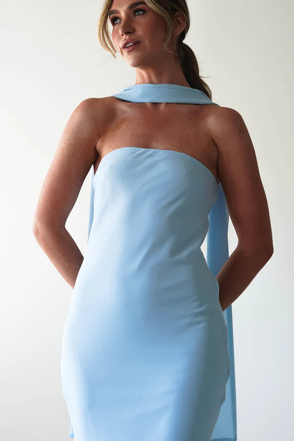 Light blue chiffon strapless long skirt