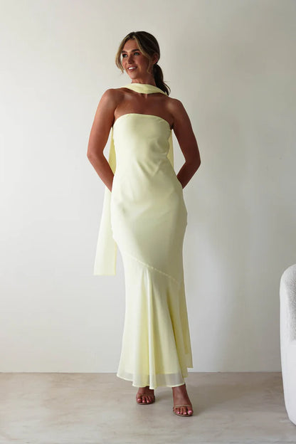 Light yellow chiffon strapless long skirt
