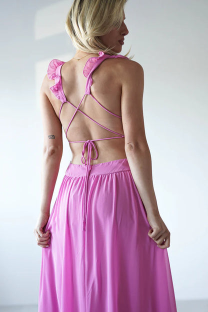 Lotus Leaf Deep V-Back Strap Dress
