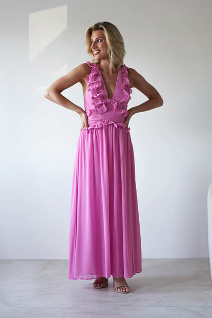 Lotus Leaf Deep V-Back Strap Dress