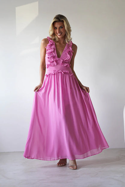 Lotus Leaf Deep V-Back Strap Dress