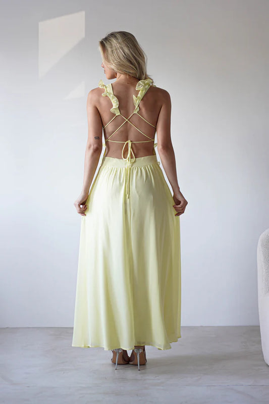 Lotus Leaf Deep V-Back Strap Dress