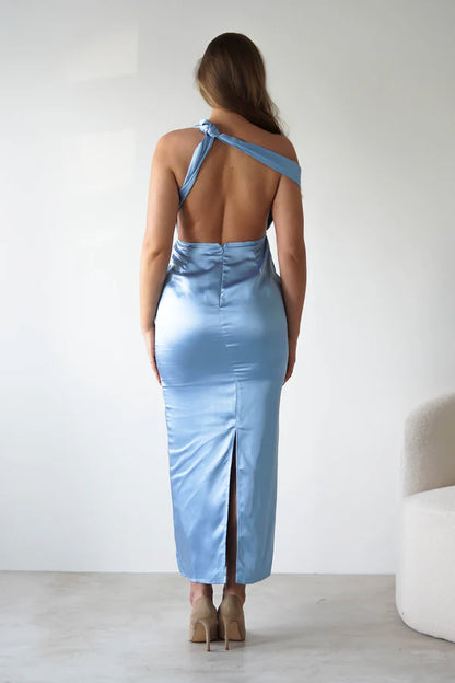 Single shoulder strap backless dress with slit