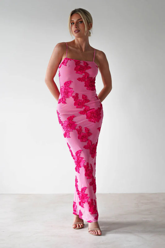 Rose red thin suspender with floral tight fitting dress