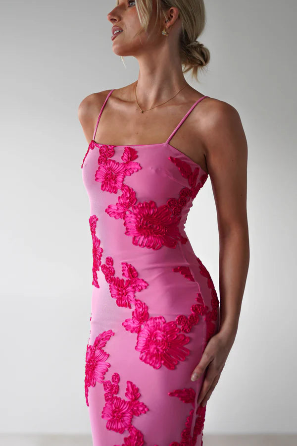 Rose red thin suspender with floral tight fitting dress