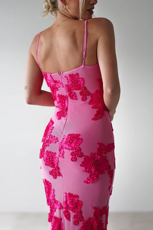 Rose red thin suspender with floral tight fitting dress