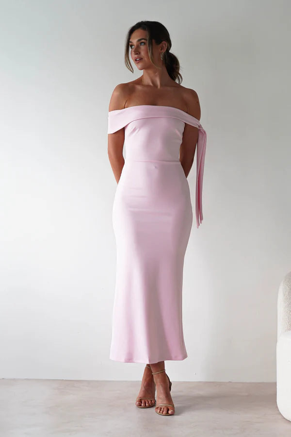 Light pink strapless tight waist hugging long skirt dress
