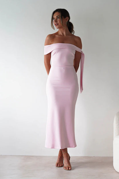 Light pink strapless tight waist hugging long skirt dress