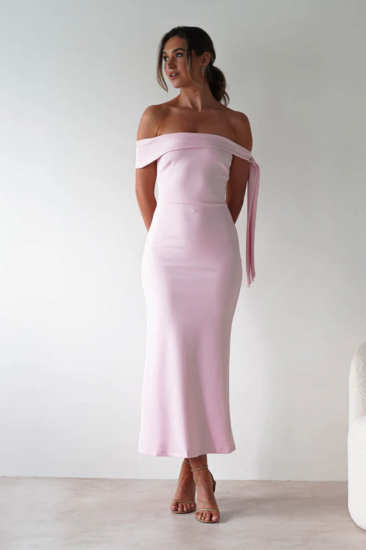 Light pink strapless tight waist hugging long skirt dress