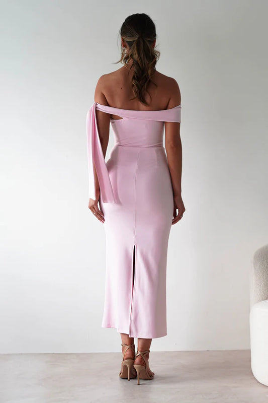 Light pink strapless tight waist hugging long skirt dress