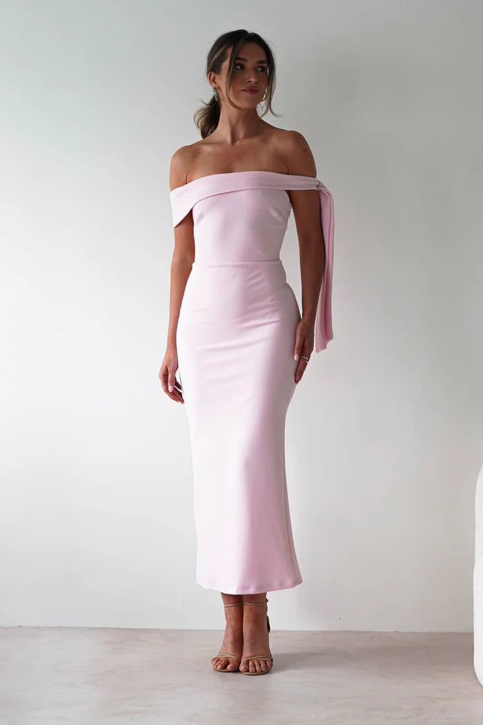 Light pink strapless tight waist hugging long skirt dress