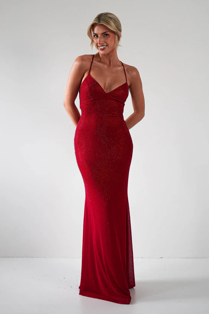 V-neck slim suspender backless tight mermaid dress with rhinestones