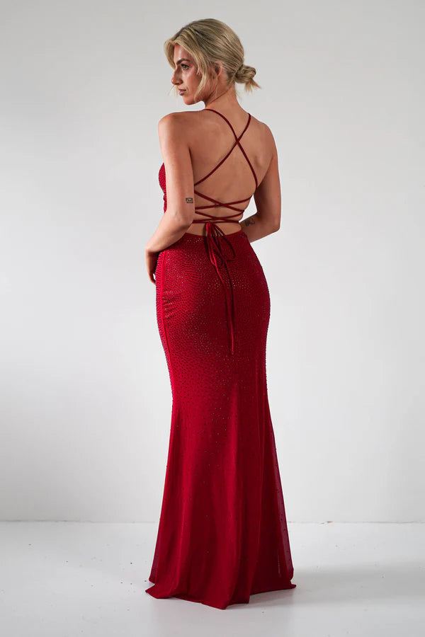 V-neck slim suspender backless tight mermaid dress with rhinestones