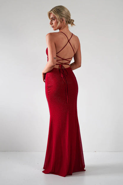 V-neck slim suspender backless tight mermaid dress with rhinestones