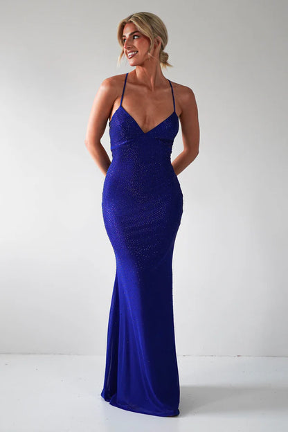 V-neck slim suspender backless tight mermaid dress with rhinestones