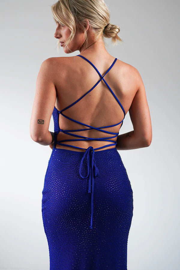 V-neck slim suspender backless tight mermaid dress with rhinestones