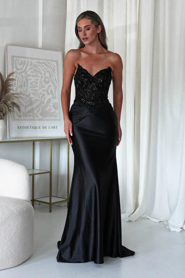 Black strapless strapless strapless fishbone top long dress backless dress