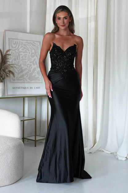 Black strapless strapless strapless fishbone top long dress backless dress