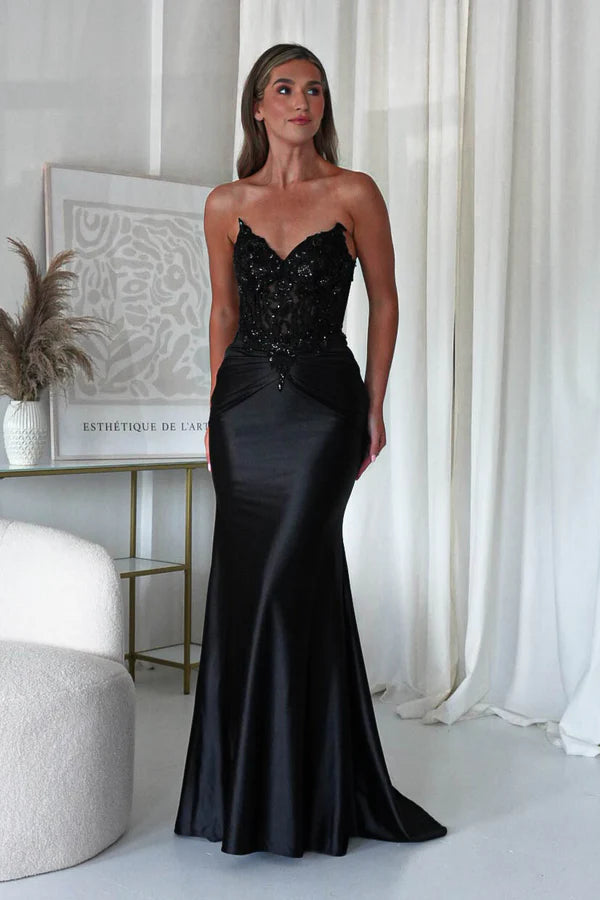 Black strapless strapless strapless fishbone top long dress backless dress