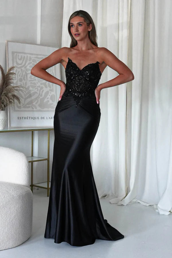 Black strapless strapless strapless fishbone top long dress backless dress