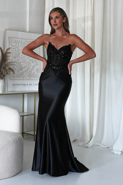 Black strapless strapless strapless fishbone top long dress backless dress