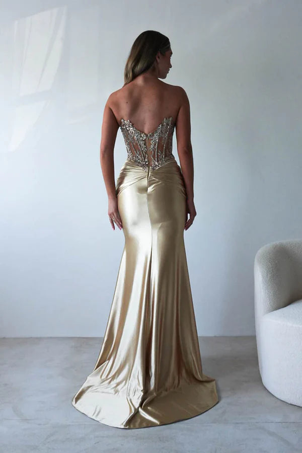 Gold strapless strapless strapless fishbone top long dress backless dress