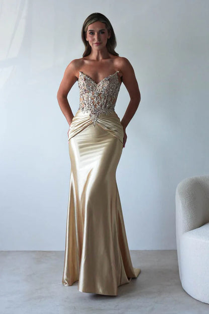 Gold strapless strapless strapless fishbone top long dress backless dress