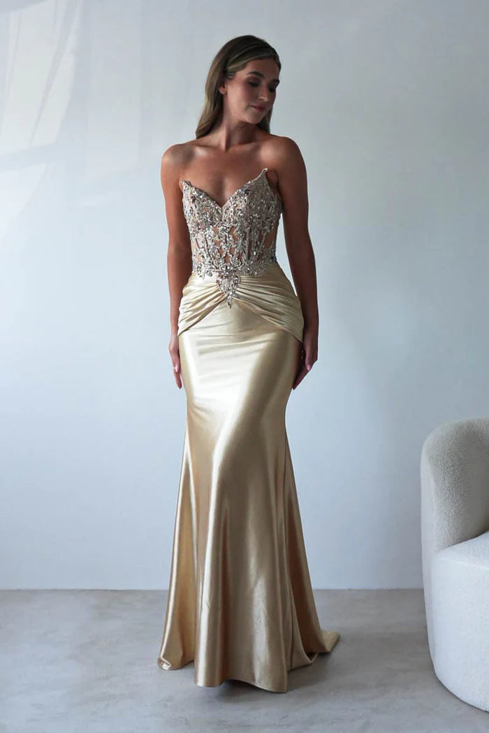 Gold strapless strapless strapless fishbone top long dress backless dress