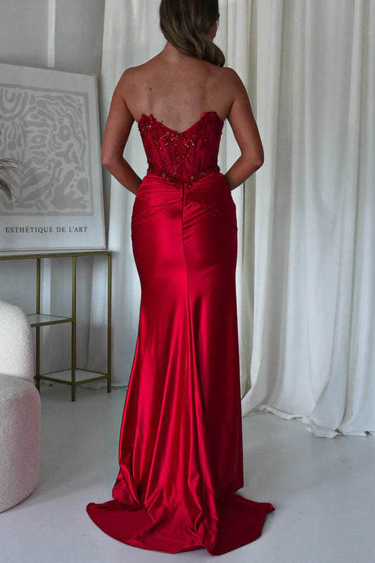 Red strapless strapless fish bone top long skirt dress