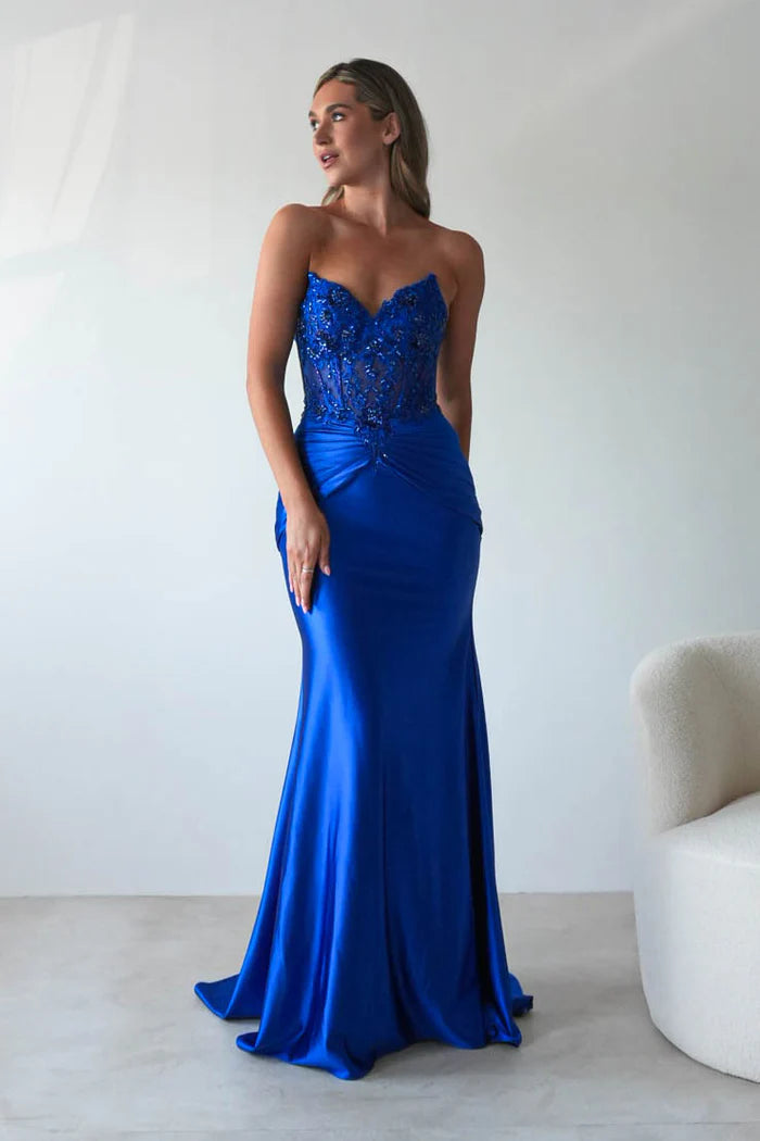 Navy blue strapless strapless fish bone top, long skirt dress