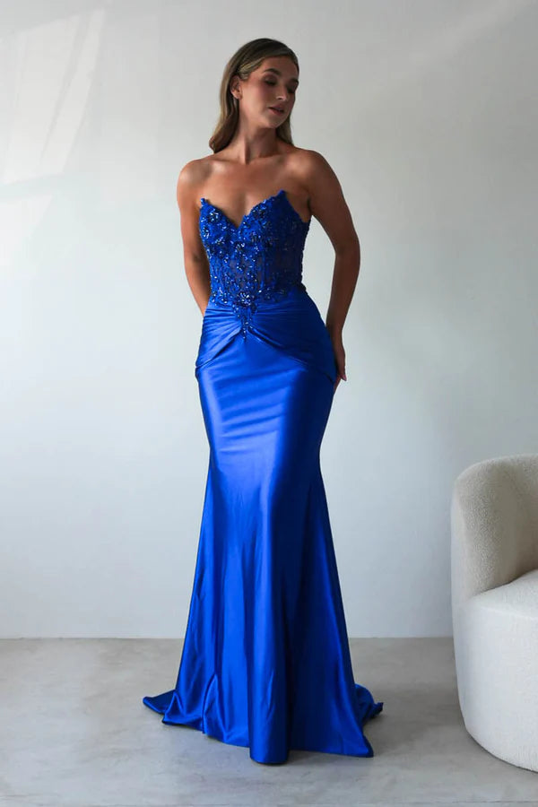 Navy blue strapless strapless fish bone top, long skirt dress